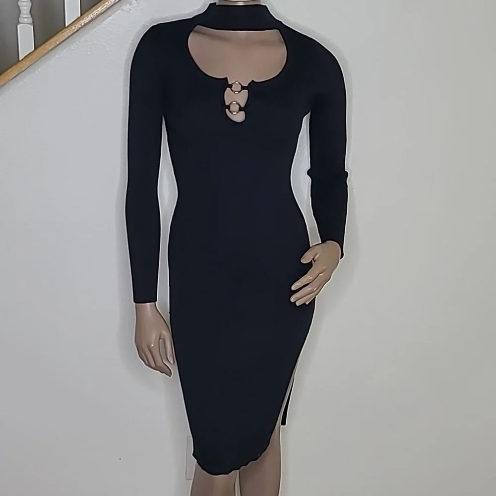 Sexy Knit Dress Size Medium Black Ribbed Bodycon Stretch Date Night Fall - Picture 1 of 7